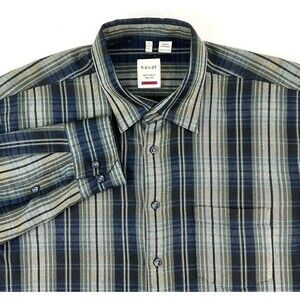 Haupt Plaid Flannel Shirt Modern Fit Long Sleeve Button Down Green Blue Mens XL